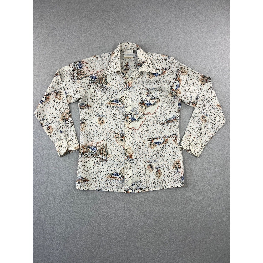 Vintage Golden Arrow Button Up Shirt Mens M White AOP Dagger Collar 1970s